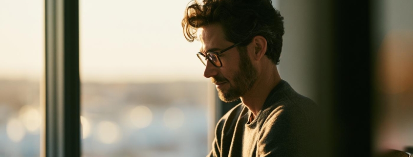 A professional working quietly alone at a desk near a window, illustrating jobs for people with social anxiety.