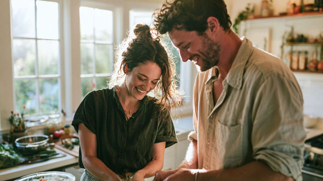 Couple preparing dinner together while learning about being in a relationship with someone with PTSD through healthy communication and connection.