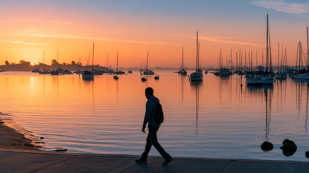 Person walking alone along Newport Harbor at sunrise while reflecting on life with high functioning depression.