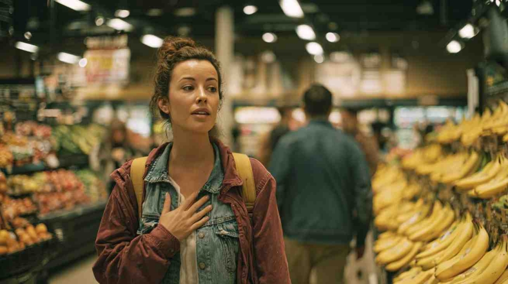 Woman standing in a grocery store with her hand on her chest during a moment of anxiety, illustrating what to do during a panic attack and how to recognize panic symptoms in everyday life.