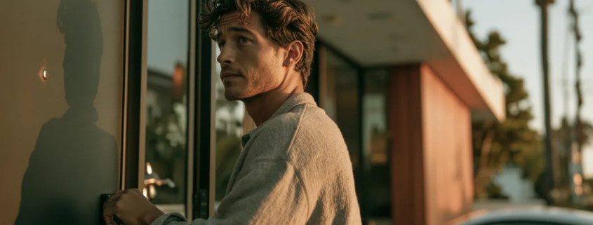 Man looking back while checking a door lock, illustrating how OCD symptoms can involve repeated checking.