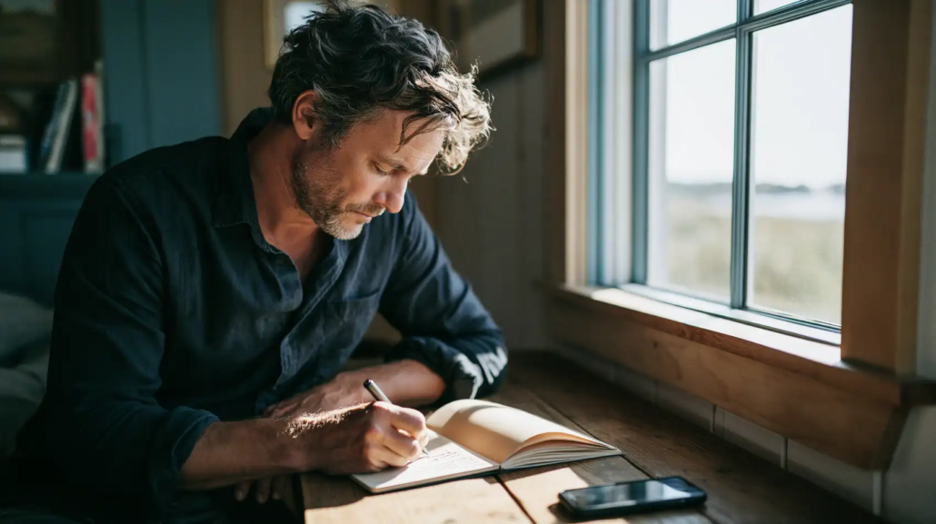 Man writing in a notebook, illustrating a journaling exercise from “Am I Neurotic?”