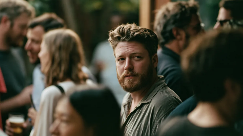 Man looking uneasy at an outdoor gathering, illustrating anxiety in social situations.