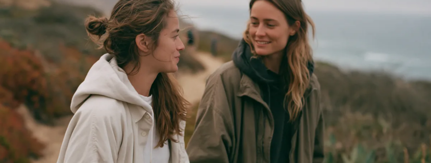 Two women talking during a coastal walk, illustrating support for anxiety and mental health.