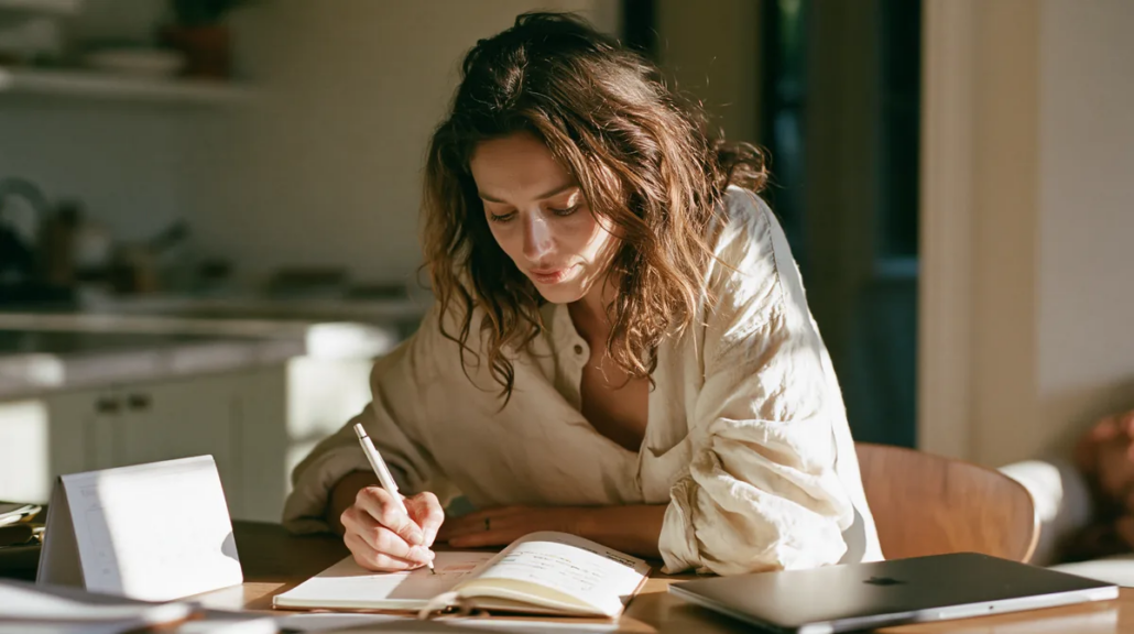 Woman writing in a journal beside a calendar, illustrating mood tracking discussed in bipolar disorder care.