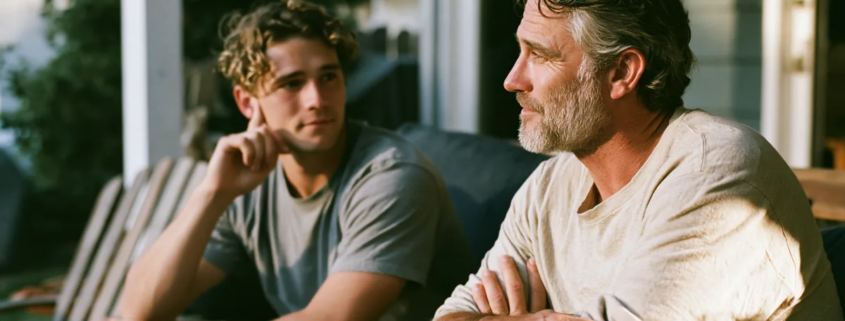 Father and adult son talking on a patio, illustrating family history in an article about whether bipolar disorder is genetic.