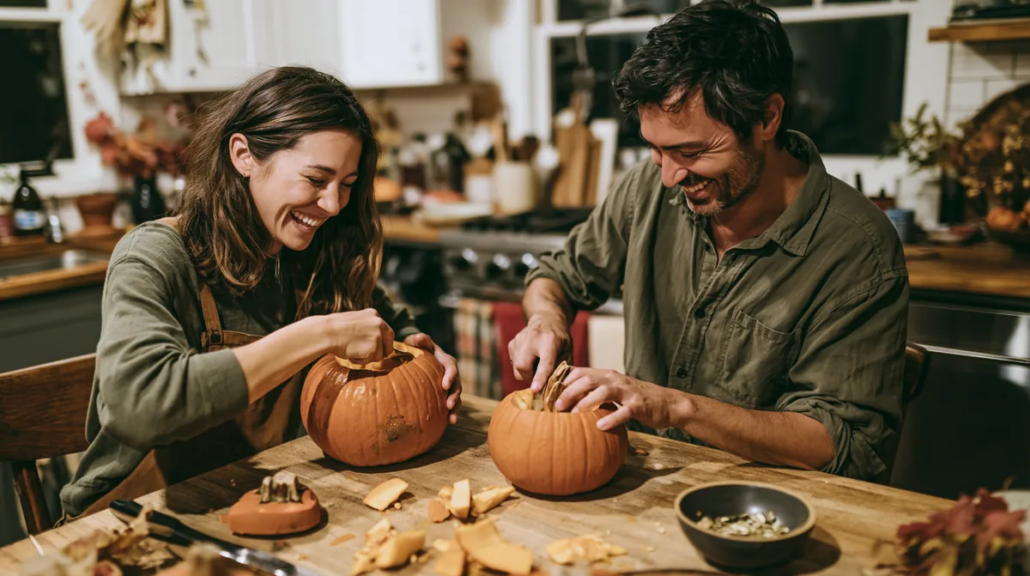 Couple smiling while carving pumpkins together, illustrating the social connection explored in the psychology of Halloween.